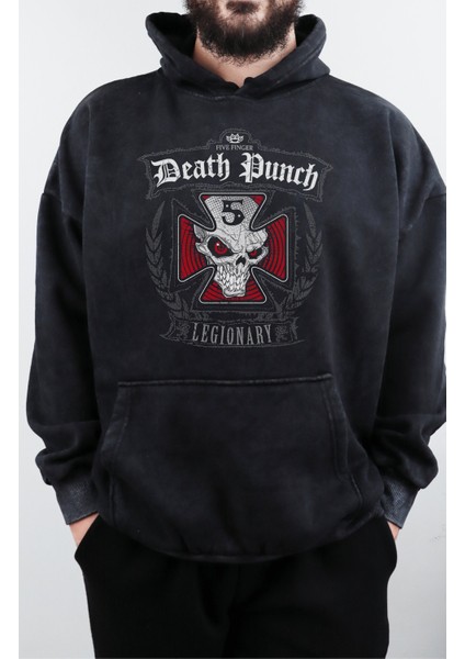 Unisex Five Finger Death Punch Baskılı Kapüşonlu Yıkamalı Sweatshirt, Oversize Baskılı Retro Hoodie