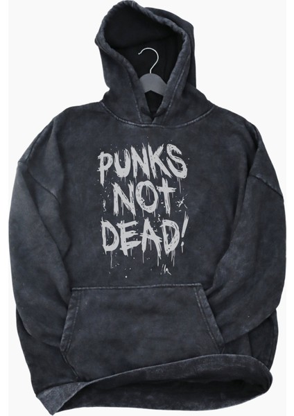 Unisex Punks Not Dead Baskılı Kapüşonlu Yıkamalı Sweatshirt, Oversize Rock Metal Baskılı Hoodie