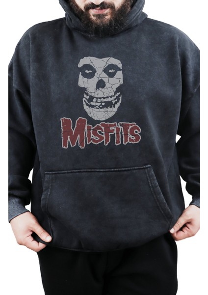 Unisex Misfits Baskılı Kapüşonlu Yıkamalı Sweatshirt, Oversize Rock Metal Baskılı Retro Hoodie