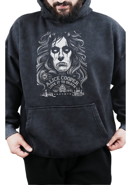 Unisex Efsace Rocker Alice Cooper Baskılı Kapüşonlu Yıkamalı Sweatshirt, Oversize Baskılı Hoodie
