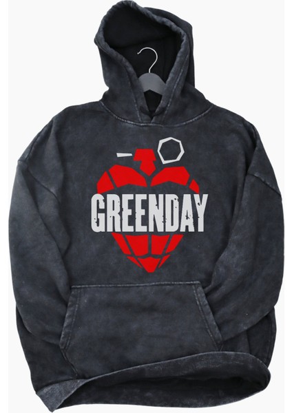 Unisex Greenday Baskılı Kapüşonlu Yıkamalı Sweatshirt, Oversize Rock Band Baskılı Eskitme Hoodie