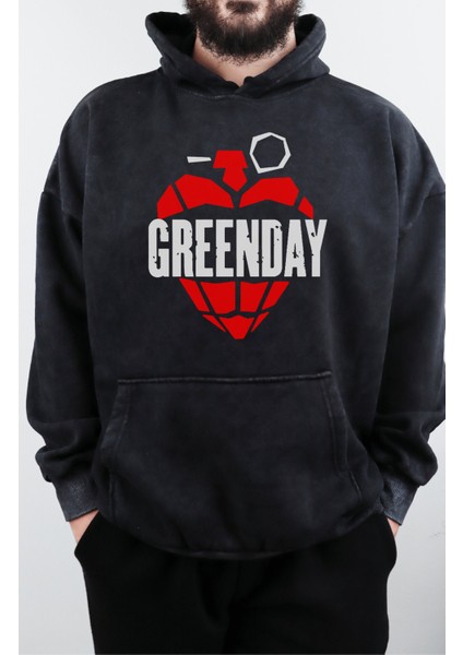 Unisex Greenday Baskılı Kapüşonlu Yıkamalı Sweatshirt, Oversize Rock Band Baskılı Eskitme Hoodie fiyatları