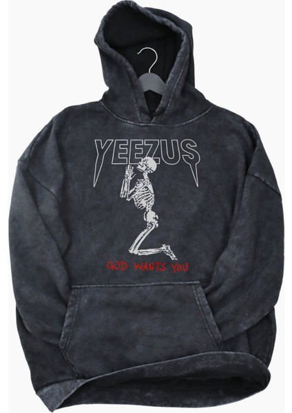 Unisex Yeezus Baskılı Kapüşonlu Yıkamalı Sweatshirt, Oversize Kanye West Baskılı Eskitme Hoodie