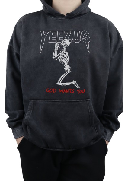 Unisex Yeezus Baskılı Kapüşonlu Yıkamalı Sweatshirt, Oversize Kanye West Baskılı Eskitme Hoodie fiyatları