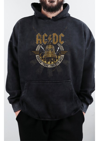 Unisex Vintage Ac-Dc Baskılı Kapüşonlu Yıkamalı Sweatshirt, Oversize Baskılı Eskitme Hoodie