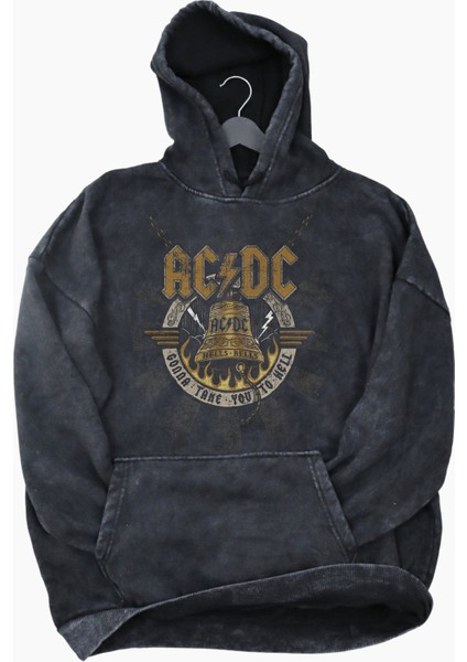 Unisex Vintage Ac-Dc Baskılı Kapüşonlu Yıkamalı Sweatshirt, Oversize Baskılı Eskitme Hoodie fiyatları