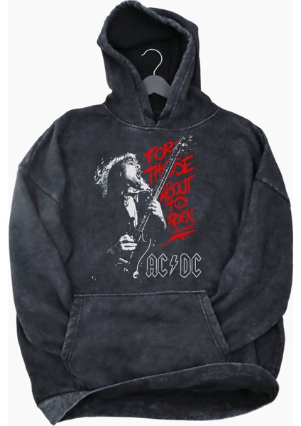 Unisex For Those About To Rock Ac Dc Baskılı Kapüşonlu Yıkamalı Sweatshirt,oversize Baskılı Hoodie