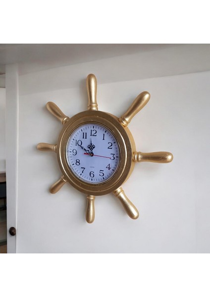 Gold altın varaklı ahşap gemici dümen duvar salon ofis saati çap 38 cm