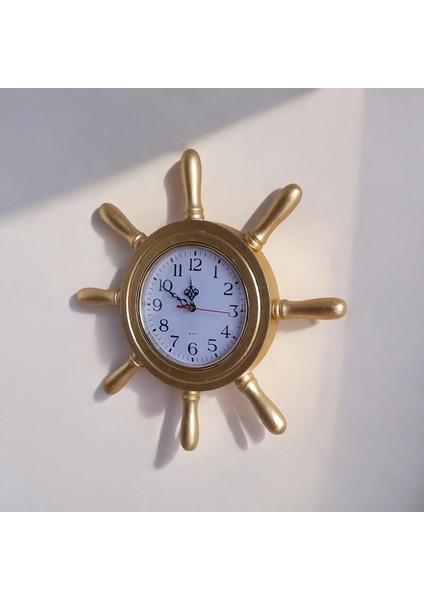 Gold altın varaklı ahşap gemici dümen duvar salon ofis saati çap 38 cm