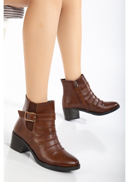 Kadın Topuklu Bot Günlük Taba Yüzü Büzgülü Kalın Topuklu fiyatları