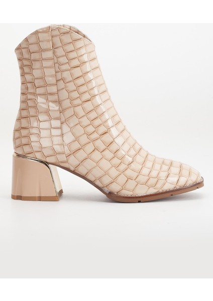 Kadın Topuklu Bot Bej Rugan Kroko Baskılı Klasik Vardola Taban modelleri