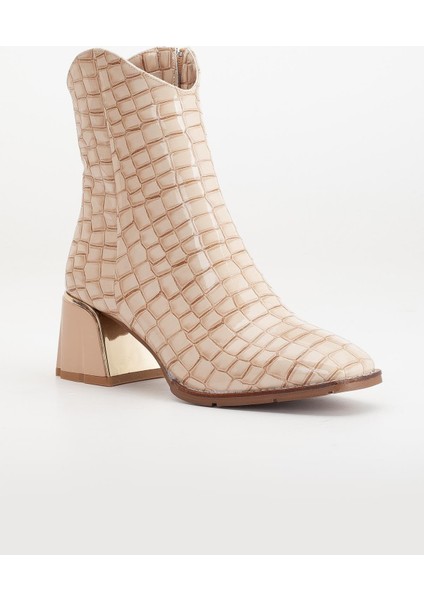 Kadın Topuklu Bot Bej Rugan Kroko Baskılı Klasik Vardola Taban fırsatları