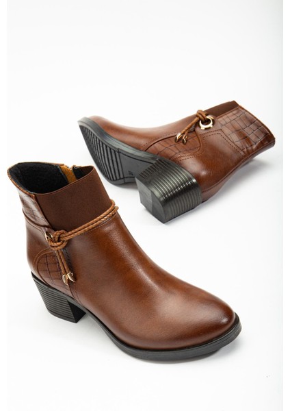 Kadın Topuklu Bot Günlük Taba Boğaz Elastik Kalın Topuklu