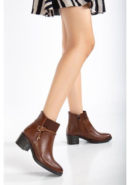 Kadın Topuklu Bot Günlük Taba Boğaz Elastik Kalın Topuklu fiyatları