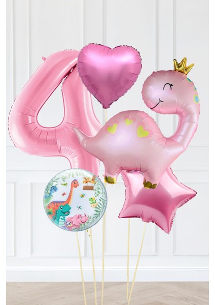Pembe Dinazor Balonlu Kız Doğum Günü Balon Süsleme Seti Bannerlı Büyük Pembe Yaş Balonlu Dinozor Balon Paketi