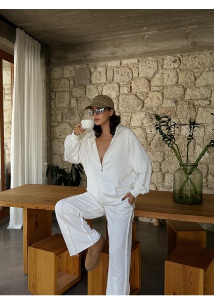 Kadın Ekru Fermuarlı Kapüşonlu Unisex Şardonsuz Oversize Sweatshirt 28178 fırsatları