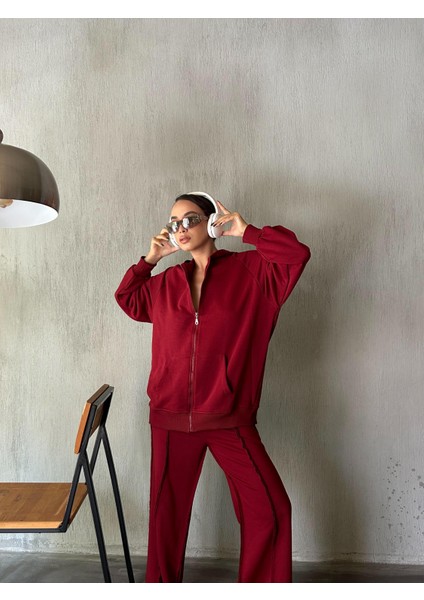Kadın Bordo Fermuarlı Kapüşonlu Unisex Şardonsuz Oversize Sweatshirt 28178