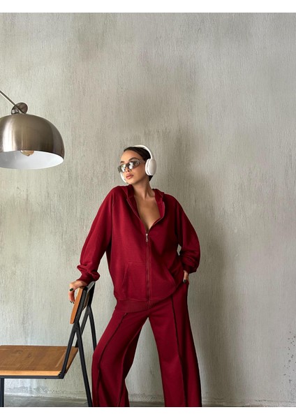 Kadın Bordo Fermuarlı Kapüşonlu Unisex Şardonsuz Oversize Sweatshirt 28178 indirimleri