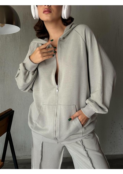 Kadın Boyama Gri Fermuarlı Kapüşonlu Unisex Şardonsuz Oversize Sweatshirt 28178 fiyatları