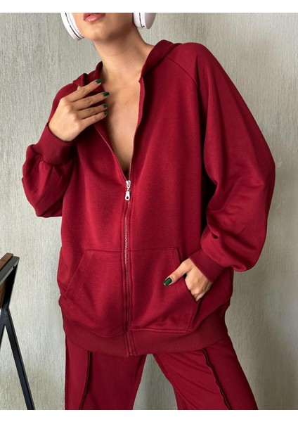 Kadın Bordo Fermuarlı Kapüşonlu Unisex Şardonsuz Oversize Sweatshirt 28178