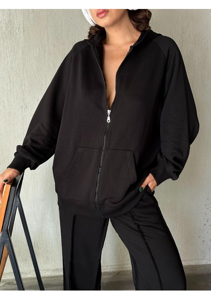 Kadın Siyah Fermuarlı Kapüşonlu Unisex Şardonsuz Oversize Sweatshirt 28178 fiyatları