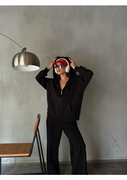 Kadın Siyah Fermuarlı Kapüşonlu Unisex Şardonsuz Oversize Sweatshirt 28178 modelleri