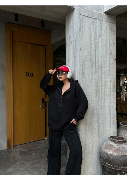 Kadın Siyah Fermuarlı Kapüşonlu Unisex Şardonsuz Oversize Sweatshirt 28178 fırsatları