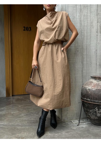 Kadın Camel Paraşüt Kumaş Astarlı Tasarım Balon Bluz 28067 fiyatları