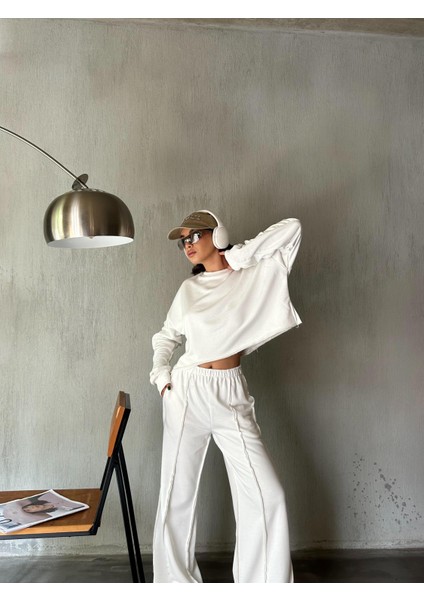 Kadın Ekru Kolları Büzgülü Pis Dikişli Şardonsuz Sweatshirt 28062 fiyatları