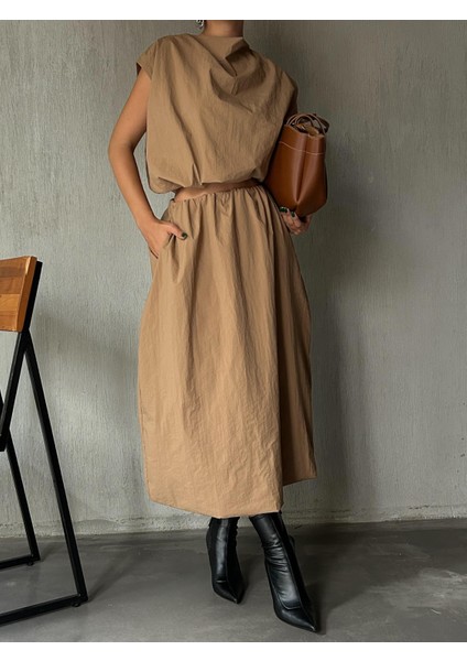 Kadın Camel Beli Lastikli Astarlı Paraşüt Kumaş Balon Etek 28068