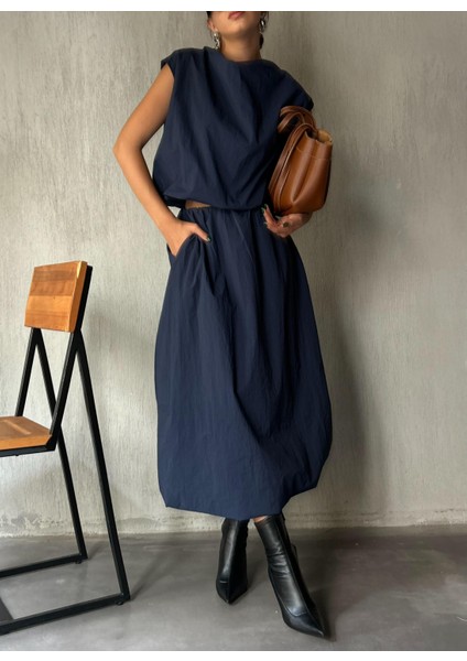 Kadın Lacivert Paraşüt Kumaş Astarlı Tasarım Balon Bluz 28067 modelleri