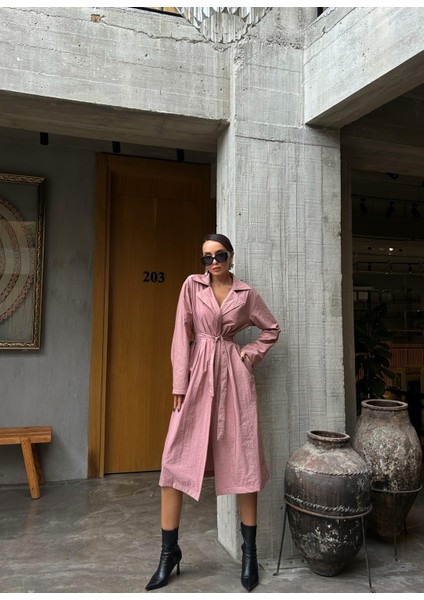 Kadın Gül Paraşüt Kumaş Astarsız Uzun Trençkot 28176 fiyatları