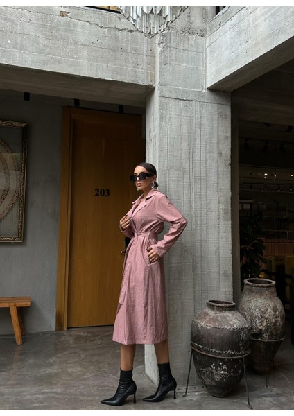 Kadın Gül Paraşüt Kumaş Astarsız Uzun Trençkot 28176 modelleri