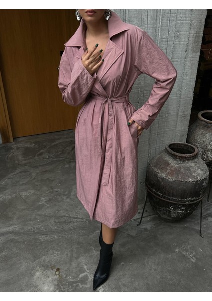 Kadın Gül Paraşüt Kumaş Astarsız Uzun Trençkot 28176 fırsatları