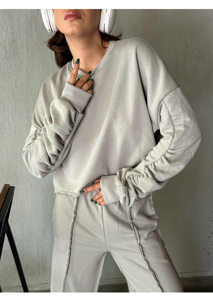 Kadın Boyama Gri Kolları Büzgülü Pis Dikişli Şardonsuz Sweatshirt 28062 fırsatları