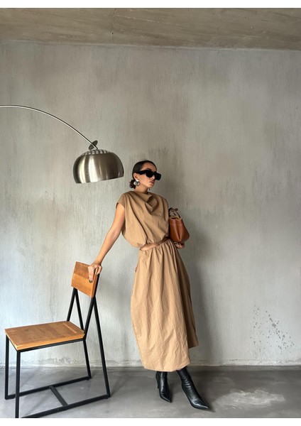 Kadın Camel Paraşüt Kumaş Astarlı Tasarım Balon Bluz 28067 fırsatları