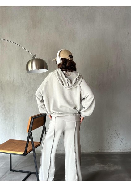 Kadın Boyama Gri Fermuarlı Kapüşonlu Unisex Şardonsuz Oversize Sweatshirt 28178 modelleri