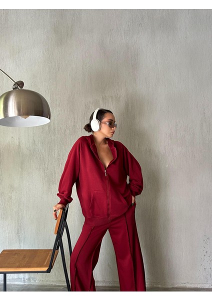 Kadın Bordo Fermuarlı Kapüşonlu Unisex Şardonsuz Oversize Sweatshirt 28178 modelleri