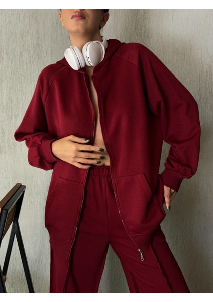 Kadın Bordo Fermuarlı Kapüşonlu Unisex Şardonsuz Oversize Sweatshirt 28178 fırsatları