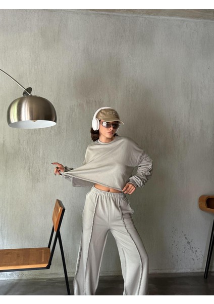 Kadın Boyama Gri Kolları Büzgülü Pis Dikişli Şardonsuz Sweatshirt 28062 fiyatları