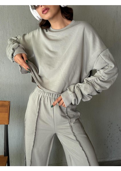 Kadın Boyama Gri Kolları Büzgülü Pis Dikişli Şardonsuz Sweatshirt 28062 modelleri