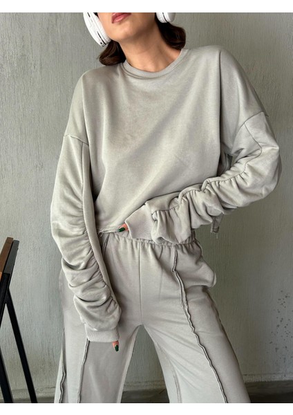 Kadın Boyama Gri Kolları Büzgülü Pis Dikişli Şardonsuz Sweatshirt 28062 indirimleri