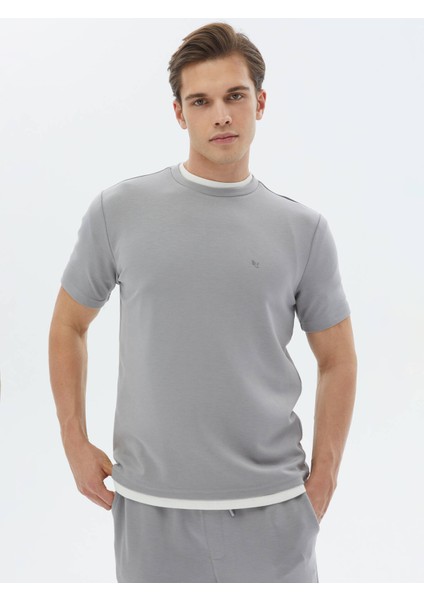 Gri Düz Bisiklet Yaka T-Shirt