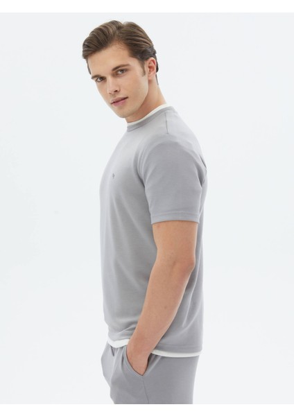 Gri Düz Bisiklet Yaka T-Shirt