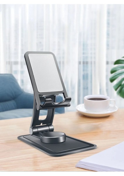 Masaüstü Tablet Cep Telefonu Tutucu Stand 360° Dönen Taşınabilir Katlanabilir Ayarlanabilir Kaymaz Siyah (S188)