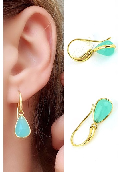 Kalsedon Taşlı 925AYAR Gümüş Üzerine Altın Kaplama Tasarım Damla Doğal Taş Küpe