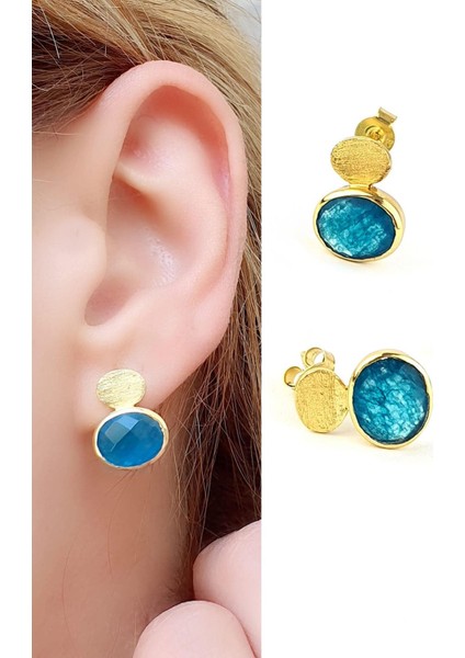 Mavi Kuvars Taşlı 925AYAR Gümüş Üzerine Altın Kaplama Tasarım Doğal Taş Küpe