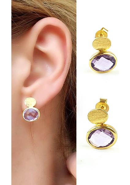 Ametist Taşlı 925AYAR Gümüş Üzerine Altın Kaplama Tasarım Doğal Taş Küpe