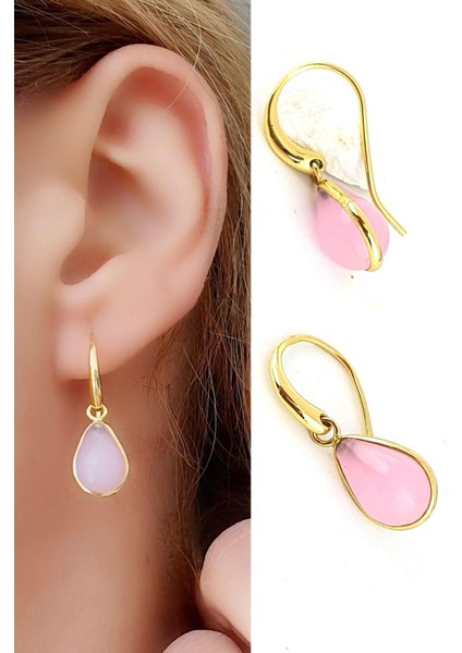 Pembe Taşlı 925AYAR Gümüş Üzerine Altın Kaplama Tasarım Damla Doğal Taş Küpe