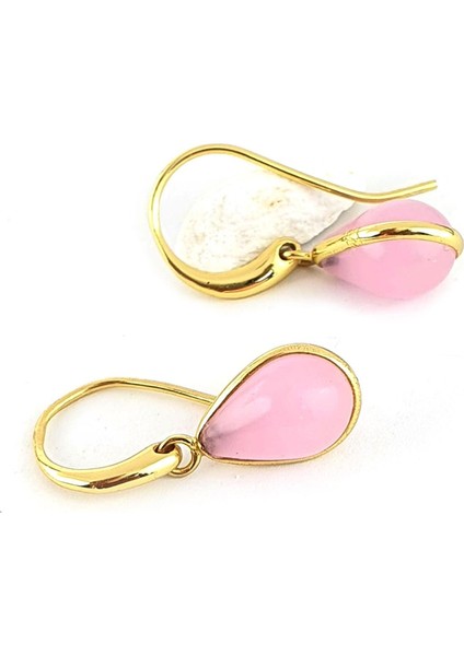 Pembe Taşlı 925AYAR Gümüş Üzerine Altın Kaplama Tasarım Damla Doğal Taş Küpe fiyatları